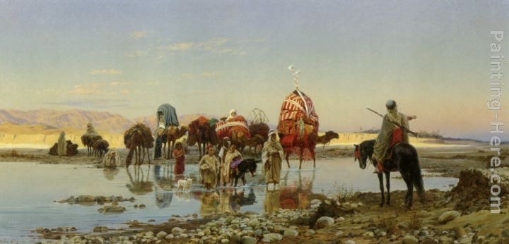 720x346 Eugene Alexis Girardet Arab Caravan Crossing A Ford Painting - Caravan Painting