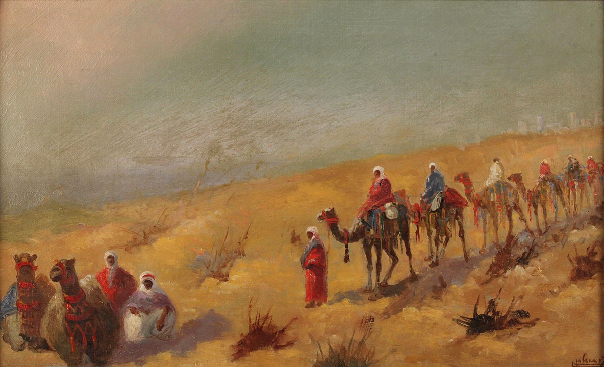 1200x731 Lot 224 Orientalist Painting, Desert Landscape With Caravan - Caravan Painting