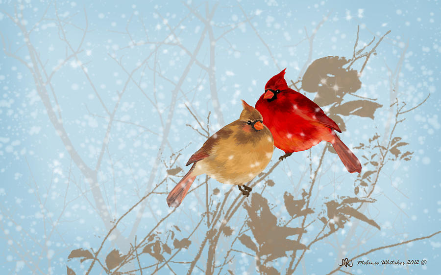 900x562 Cardinals In The Snow Painting By Melanie Whitaker - Cardinal Bird In Snow Painting