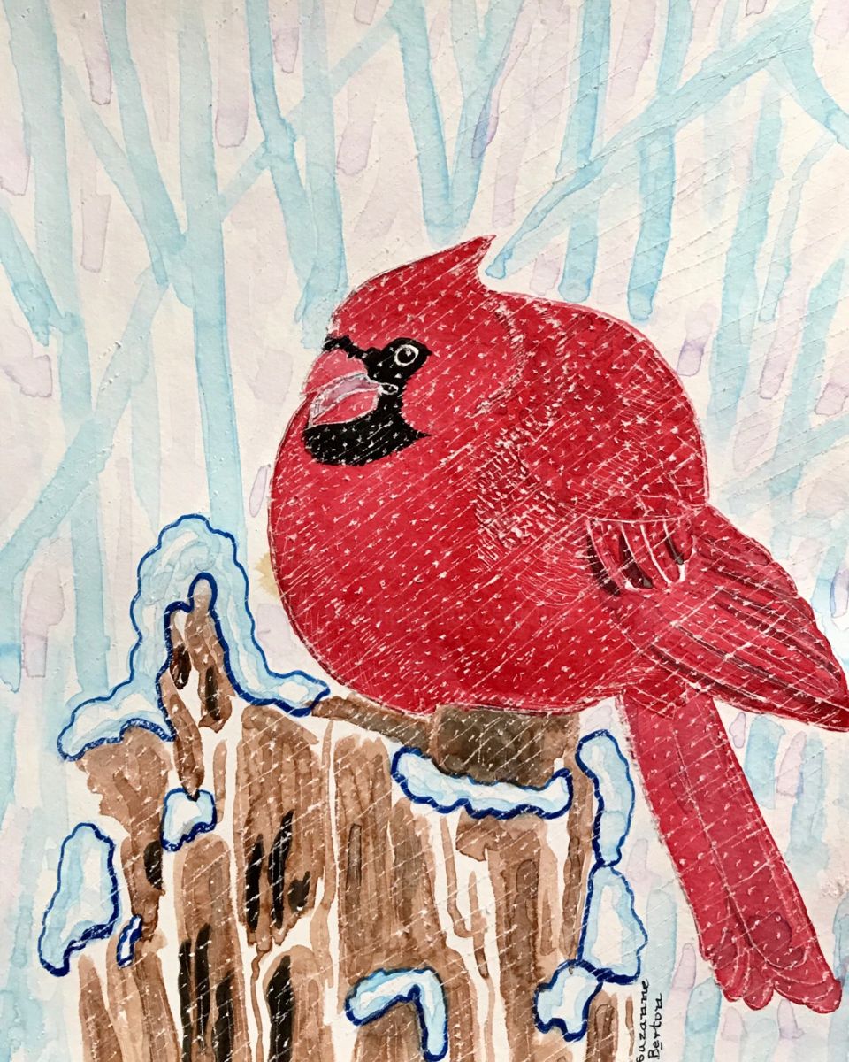 960x1200 Red Cardinal In Winter (Suzanne Berton) - Cardinal Bird In Snow Painting