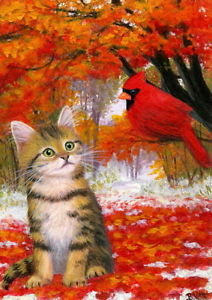 212x300 Tabby Kitten Cat Cardinal Bird Autumn Fall Snow Oe Aceo Print - Cardinal Bird In Snow Painting