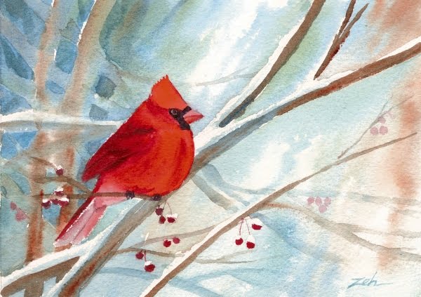 600x423 Zeh Original Art Blog Watercolor And Oil Paintings Cardinal - Cardinal Bird In Snow Painting