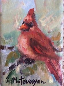 224x300 Cardinal Bird Original Small Oil 5x3 Daily Bird Painting - Cardinal Bird Painting