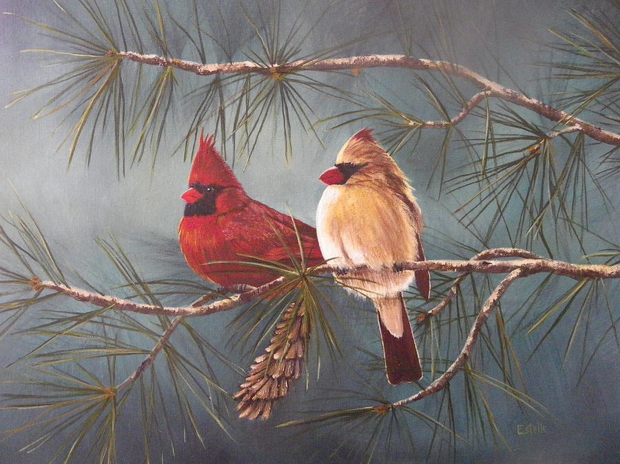 900x674 Cardinals Painting By Estelle Stepherson - Cardinal In Snow Painting