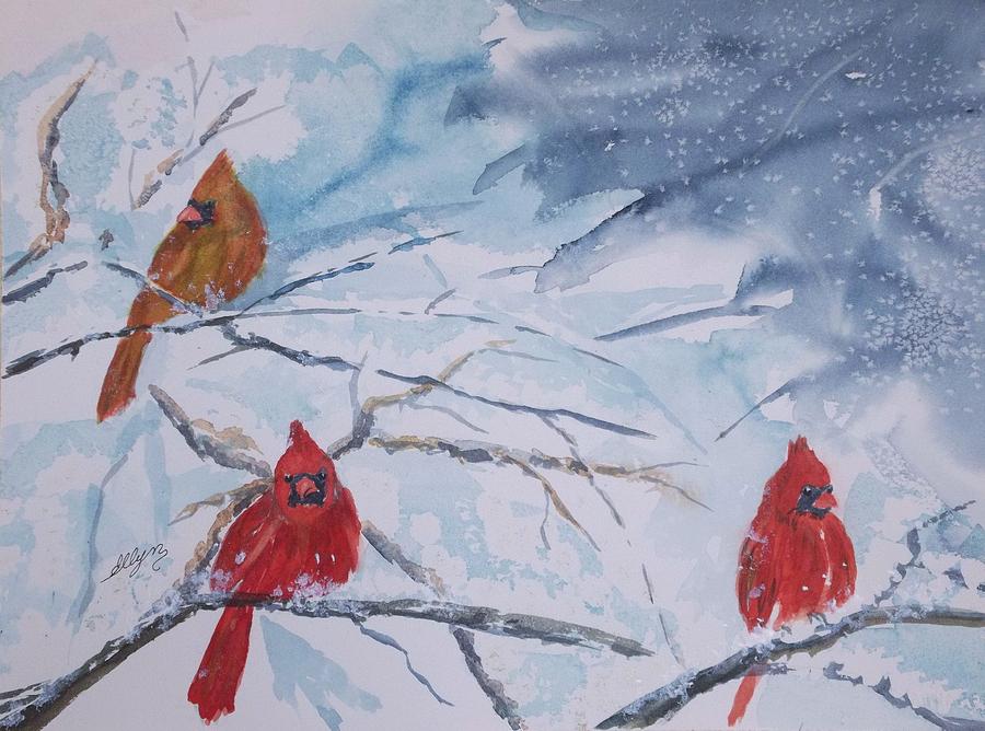 900x668 A Trio Of Cardinals Nestled In Snow Covered Branches Painting By - Cardinal In Snow Painting