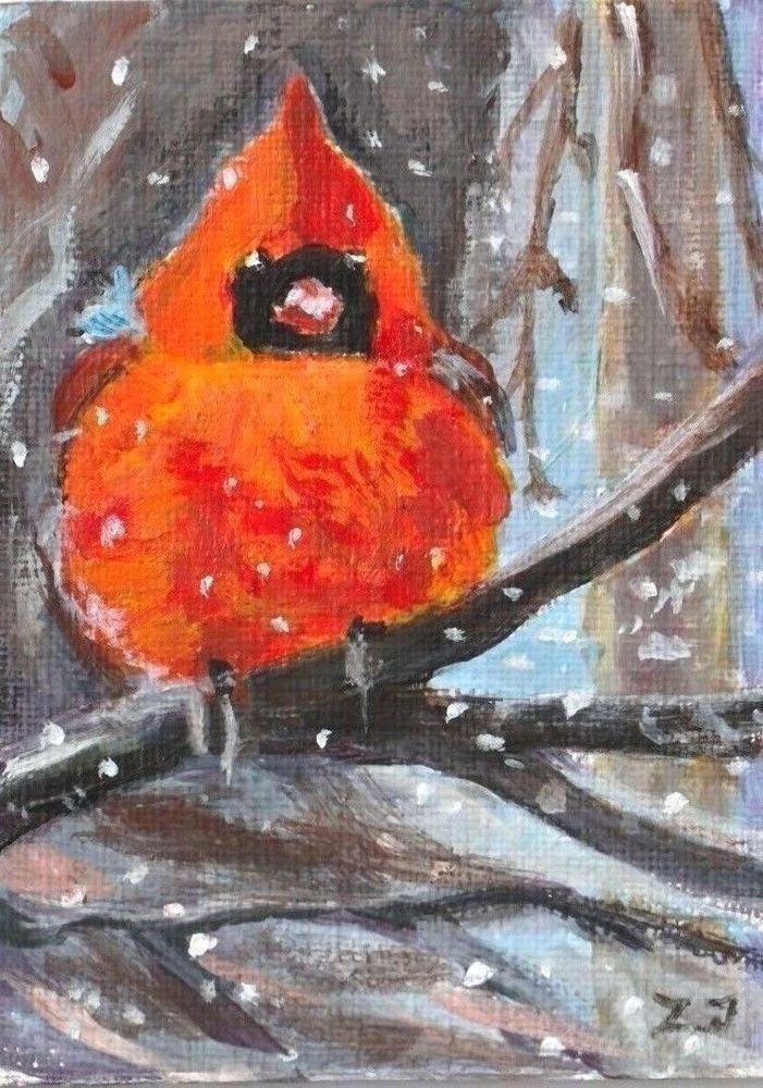 701x1000 Original Miniature Aceo Cardinal Winter Snow Bird Trees Painting - Cardinal In Snow Painting