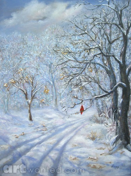 448x600 The Cardinal Snow Painting By Katalin Luczay - Cardinal In Snow Painting