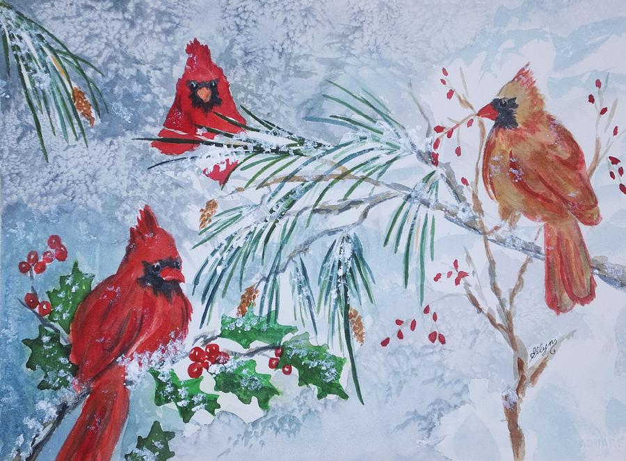 900x663 Three Cardinals In The Snow With Holly Painting By Ellen Levinson - Cardinal In Snow Painting