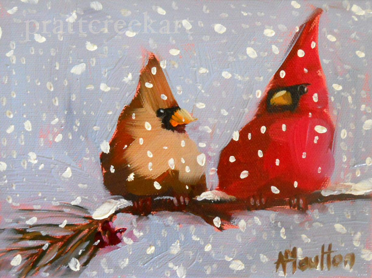 1222x914 Male And Female Cardinal On Snow Angela Moulton's Painting A Day - Cardinal In Snow Painting