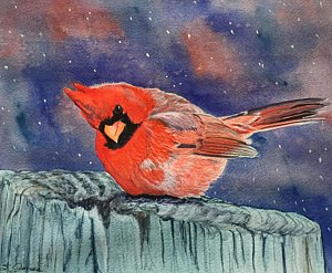 300x247 Cardinal In Snow Paintings Fine Art America - Cardinal In Snow Painting
