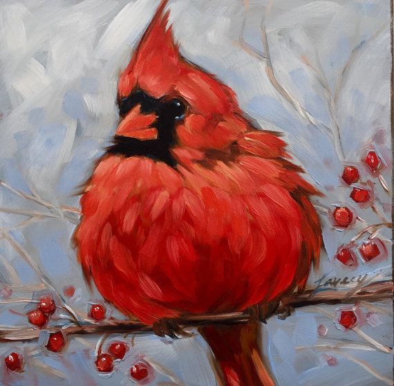 570x558 Cardinal Painting, 5x5 Impressionistic Original Oil Painting - Cardinal Painting