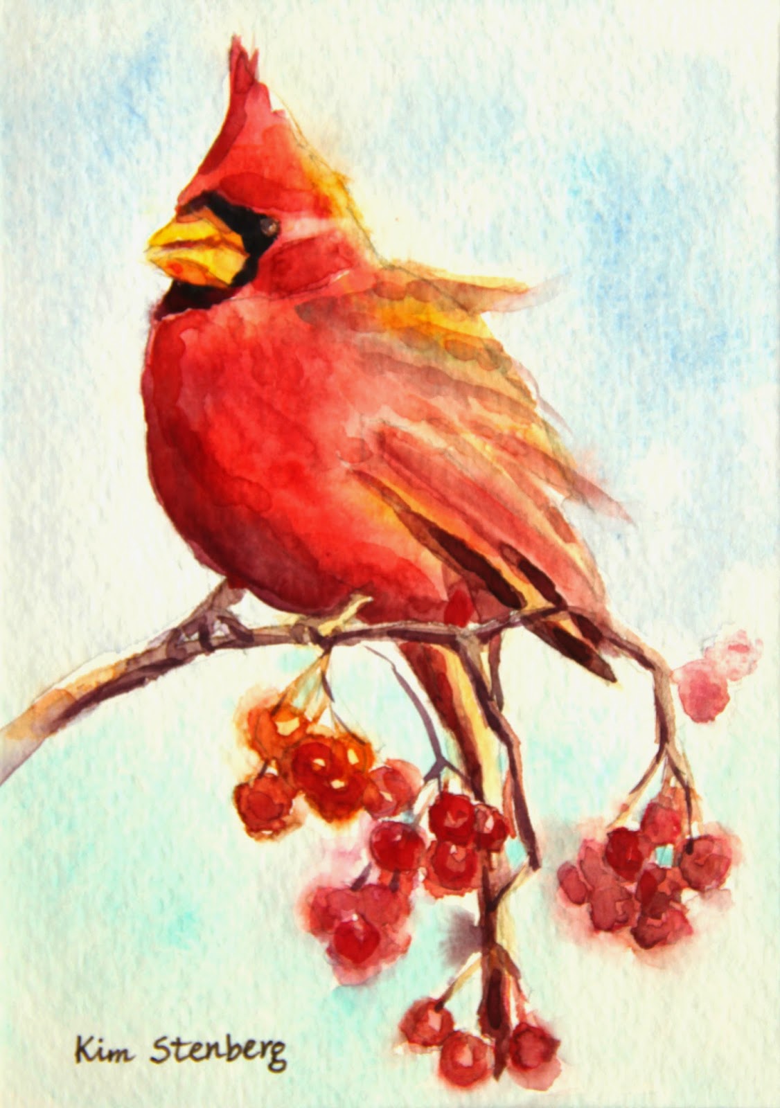 1126x1600 Kim Stenberg's Painting Journal Cardinal With Red Berries - Cardinal Watercolor Painting