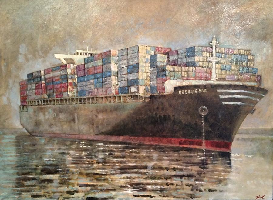 900x660 Container Ship Painting By Jeffrey Hull - Cargo Ship Painting