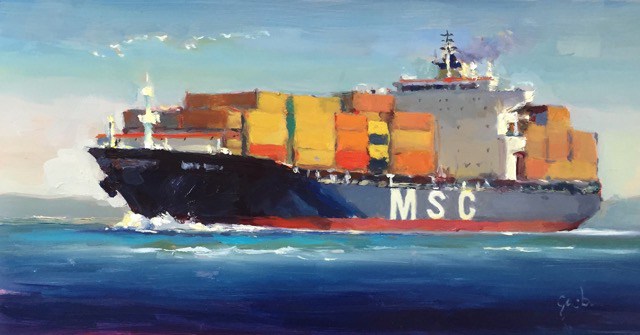 640x335 More Paintings By George Scribner The Panama News - Cargo Ship Painting