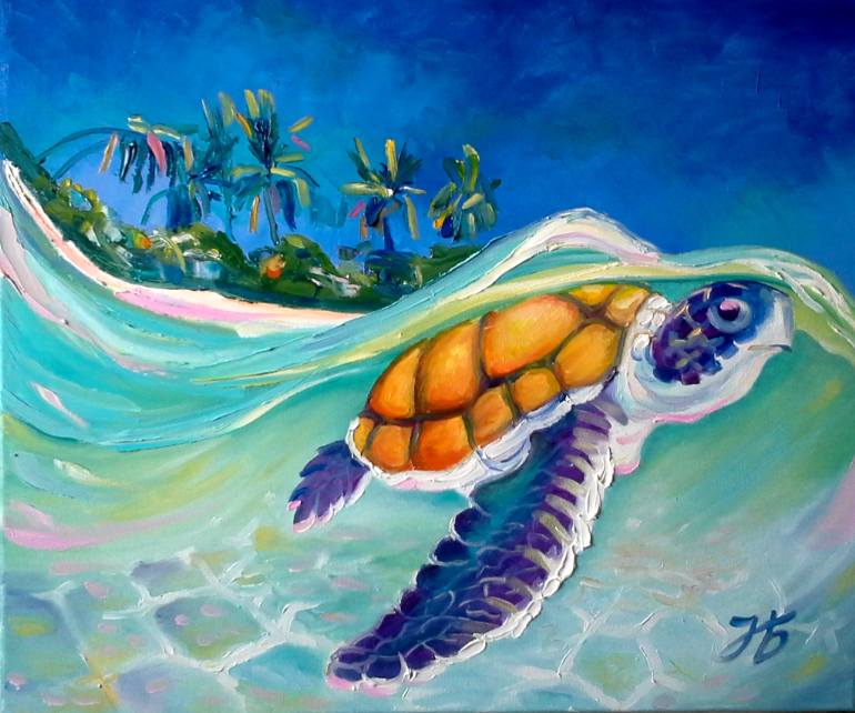 770x642 Saatchi Art Caribbean Turtle In Sea Storm Painting By Nadia Bykova - Caribbean Painting