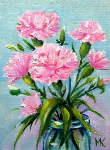 363x495 Carnations In Jar 5x7 Oil - Carnation Flower Painting