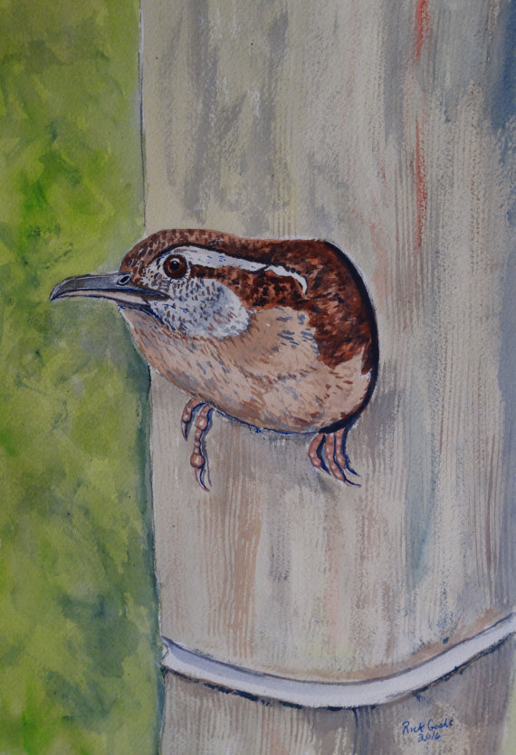 570x834 Carolina Wren In A Bamboo House Original Watercolor Bird - Carolina Wren Painting