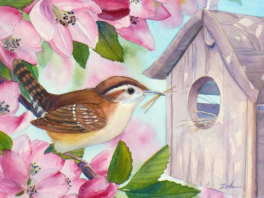 900x675 Carolina Wren In Springtime Painting By Janet Zeh - Carolina Wren Painting