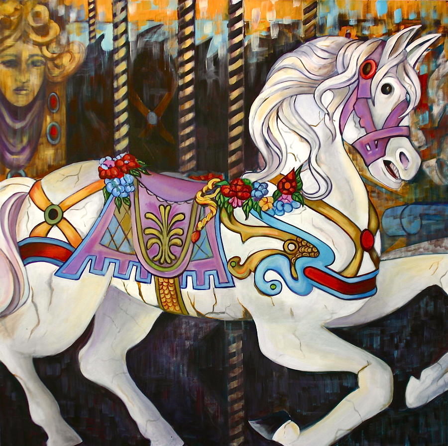 900x895 Carousel Horse Hull Massachusetts Painting By Susan Santiago - Carousel Horse Painting