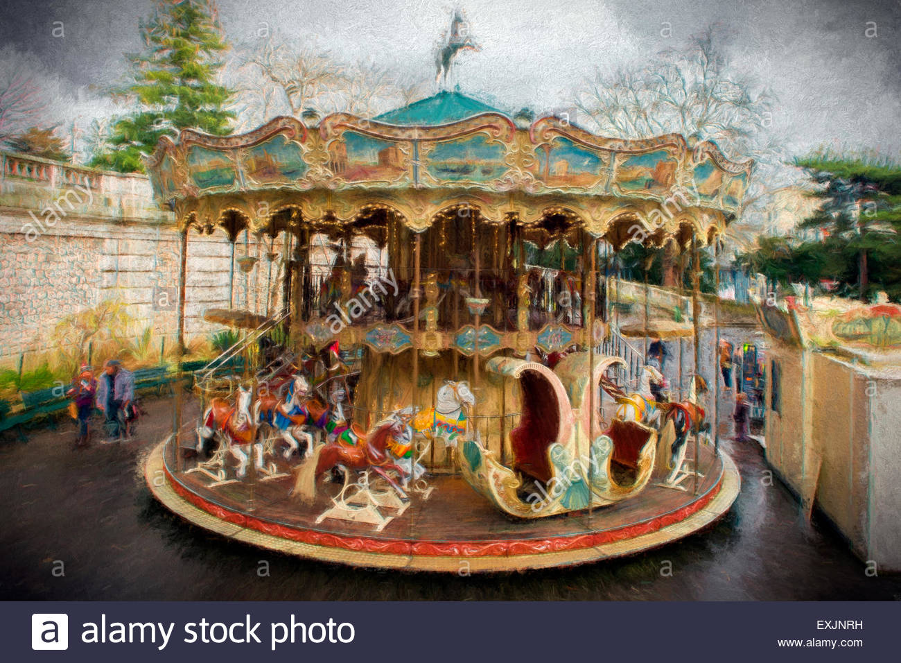 1300x956 Digitally Created Painting Of A Carousel In Paris Stock Photo - Carousel Painting