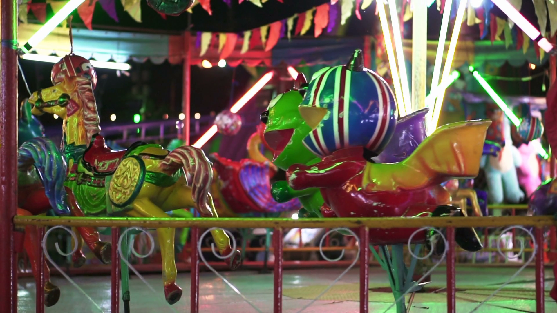 1920x1080 Scary Animal Carousel In Colorful Painting. Cheap Asian Carnival - Carousel Painting
