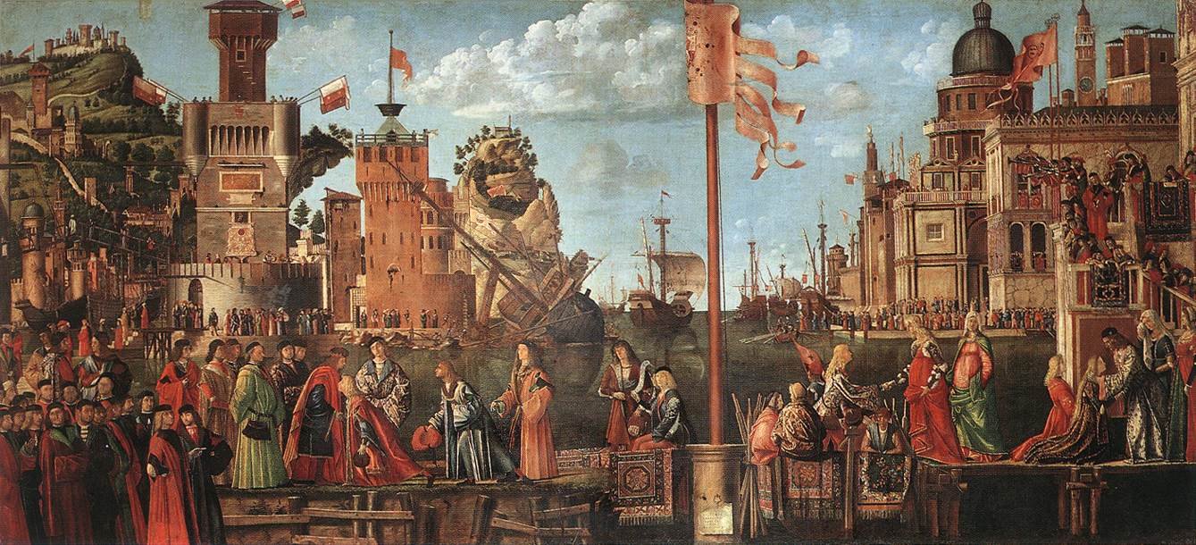 1339x610 Meeting Of The Betrothed Couple And The Departure Of The Pilgrims - Carpaccio Painting
