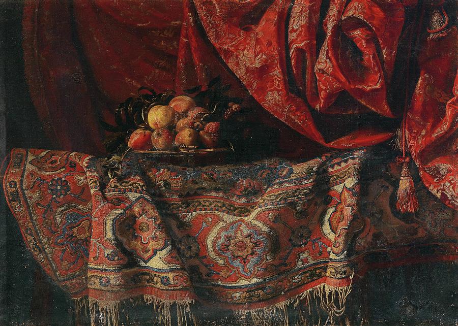 900x642 A Still Life With Fruit On A Carpet Painting By Francesco Noletti - Carpet Painting