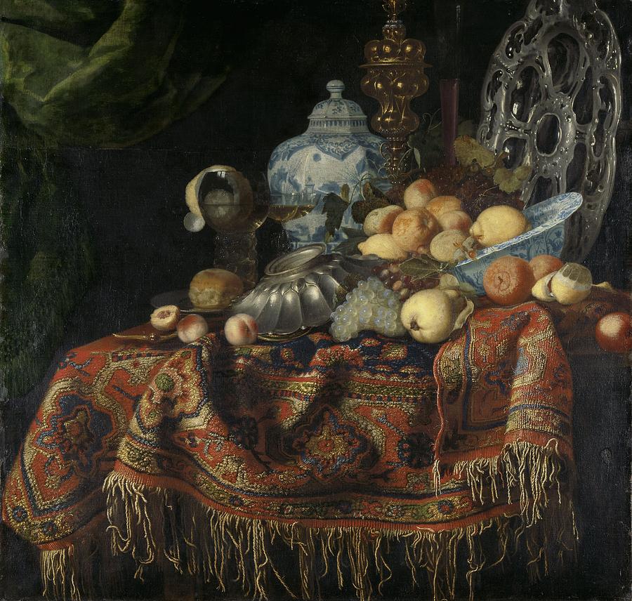900x856 Still Life With Fruit, Plates And Dishes On A Turkey Carpet - Carpet Painting