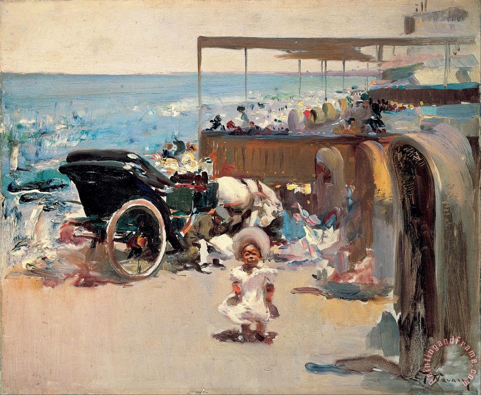 960x788 Jose Navarro Llorens Horse Drawn Carriage And Child On The Beach - Carriage Painting