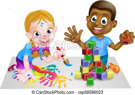 450x316 Children Playing With Blocks And Painting. Cartoon Boy And Girl - Cartoon Boy Painting