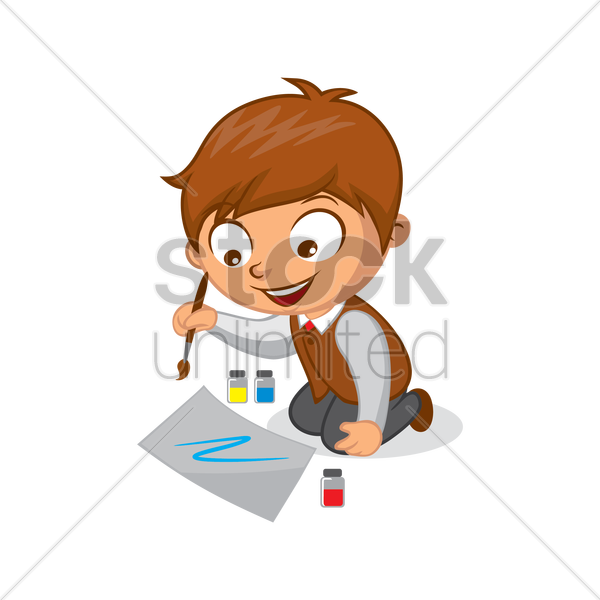 600x600 Free School Boy Painting On Paper Vector Image - Cartoon Boy Painting