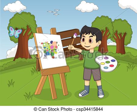 450x367 Artist Boy Painting On Canvas In The Park Cartoon. - Cartoon Boy Painting