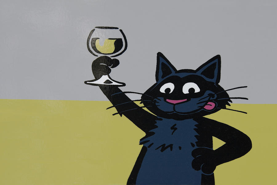 900x600 Cartoon Cat With Wine Photograph By Sally Weigand - Cartoon Cat Painting