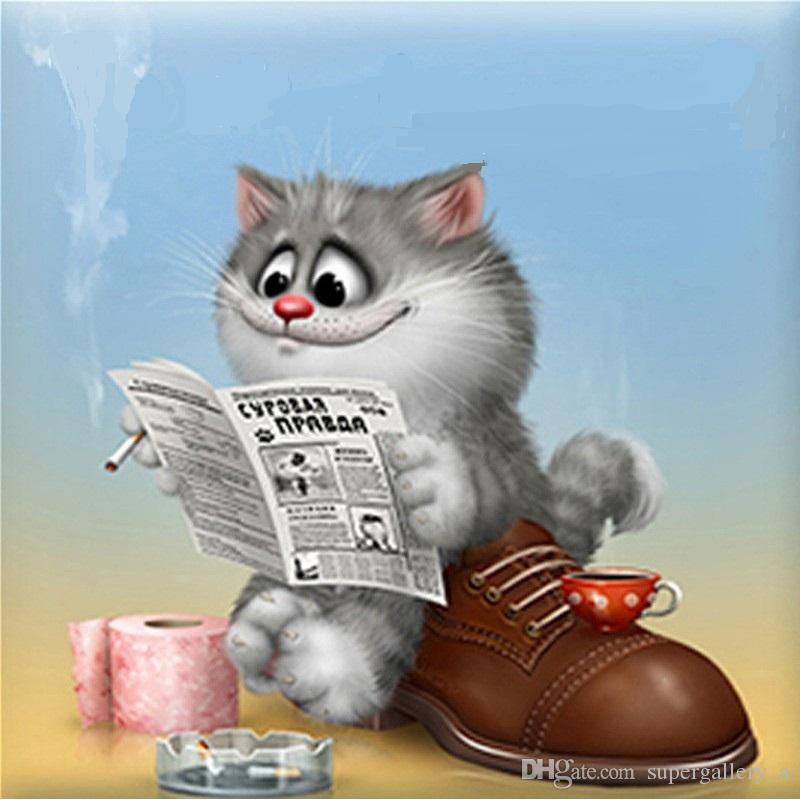 800x800 Framed Read Newspaper Cartoon Cat,pure Hand Painted Modern Wall - Cartoon Cat Painting