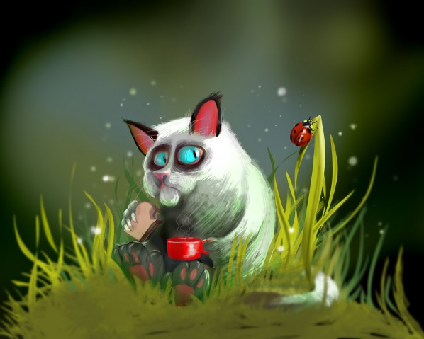 598x479 Morning Coffee Doodle Cat Digital Painting Cartoon - Cartoon Cat Painting