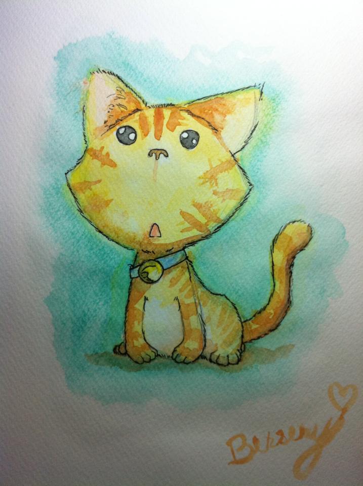 717x960 Watercolor Easy Cat Painting By Bersery - Cartoon Cat Painting