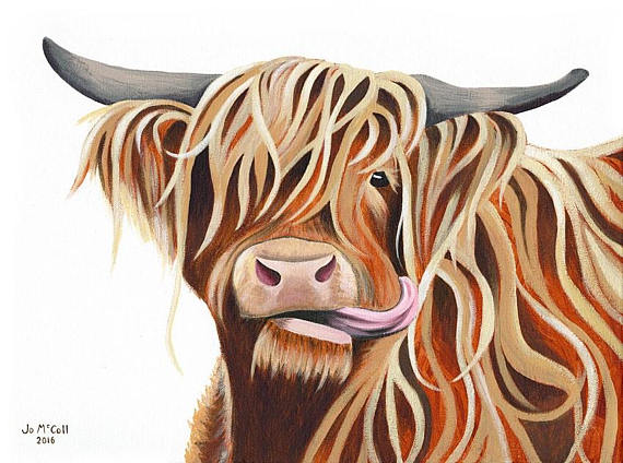570x424 Highland Cow Moo Acrylic Painting Giclee Print - Cartoon Cow Painting