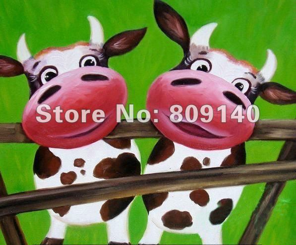 597x495 Free Shipping Cute Cartoon Happy Cow Oil Painting For Kids Canvas - Cartoon Cow Painting