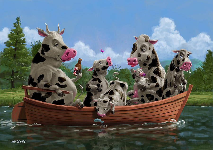 900x636 Cartoon Cow Family On Boating Holiday Painting By Martin Davey - Cartoon Cow Painting