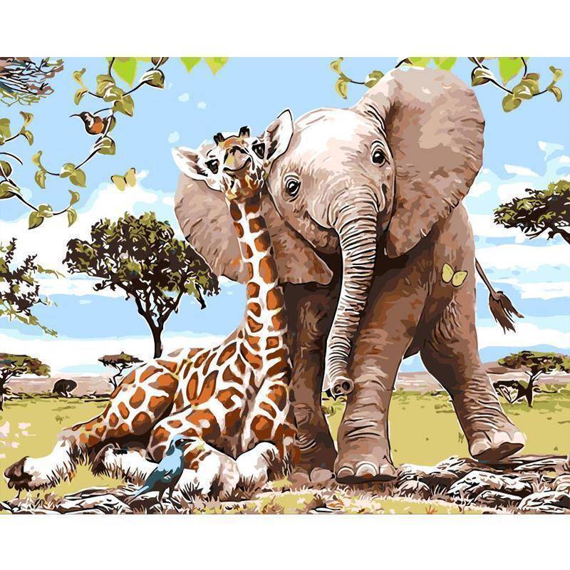 800x800 Paint By Numbers Cartoon Elephant And Giraffe Canvas Print Swigg - Cartoon Elephant Painting