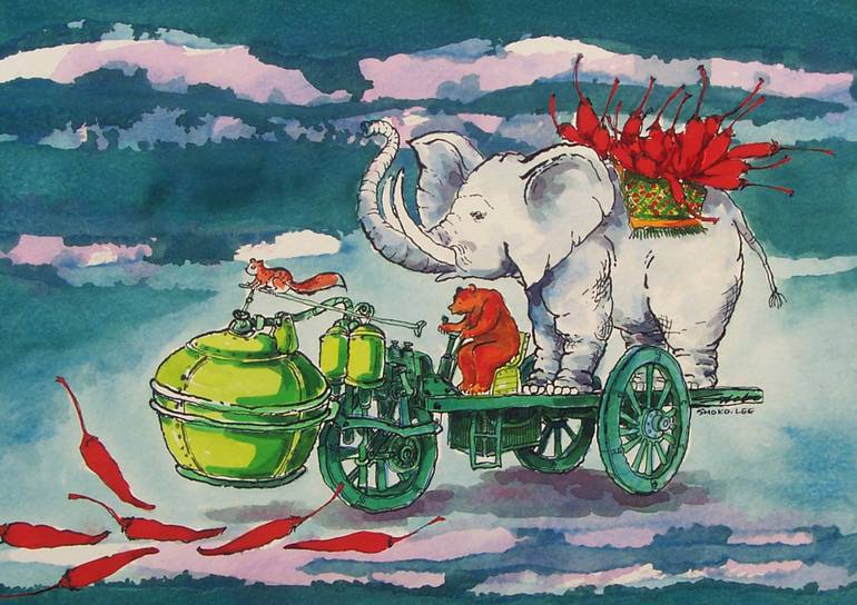 770x544 Saatchi Art Classic Car With Elephant Painting By Shoko Lee - Cartoon Elephant Painting