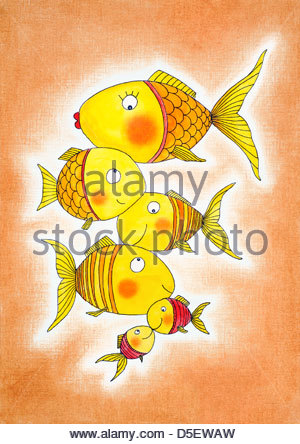 300x444 Group Of Gold Fish, Child's Drawing, Watercolor Painting, Cartoon - Cartoon Fish Painting