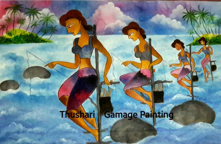 770x502 Saatchi Art Srilankan Ladies Are Catching Fish First Time Of Sri - Cartoon Fish Painting