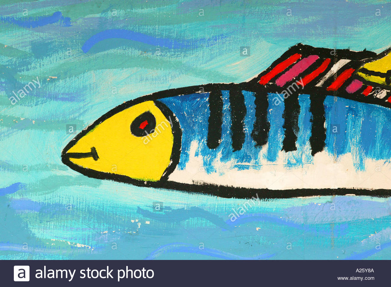 1300x955 Yellow Blue And Red Fish Painting On Seaside Shelter On The Sea - Cartoon Fish Painting