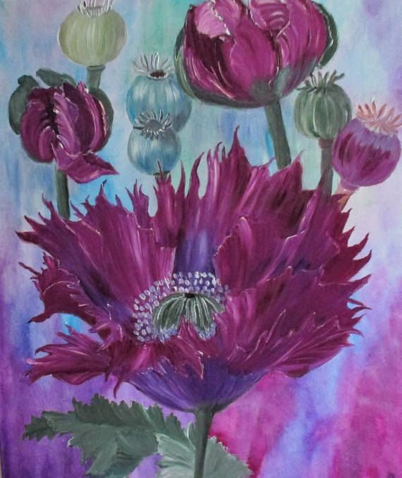 570x678 Poppy Painting Flower Painting Oil Paintingpurple Poppy - Cartoon Flower Painting