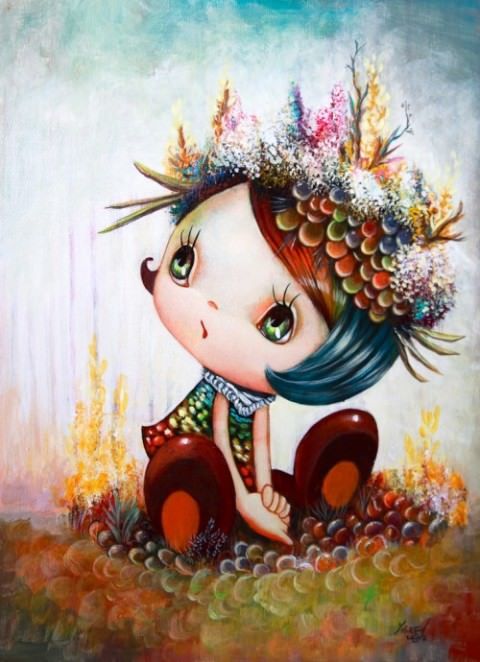 480x662 A Cute Little Girl Wears Coral In This Cartoon Pop Surrealism - Cartoon Girl Painting