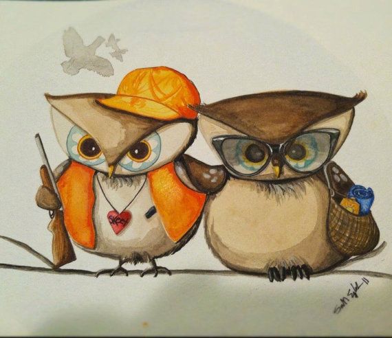 570x492 Custom Couple Owl Watercolor Painting Artbysarahengland Etsy - Cartoon Owl Painting