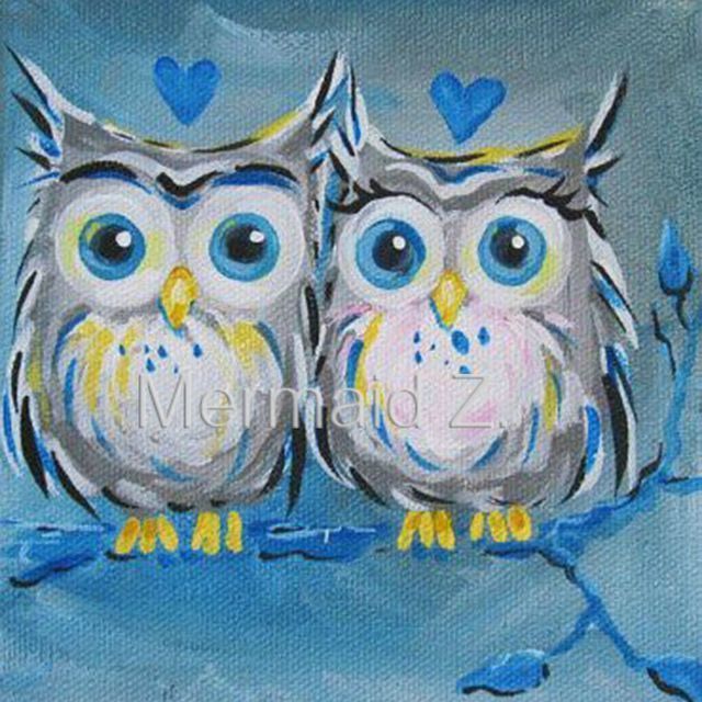 640x640 Hand Painted Love Owls Blue Valentine Animal Home Decor Oil - Cartoon Owl Painting