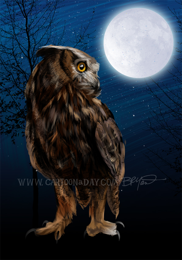598x851 Horned Owl Digital Painting Cartoon - Cartoon Owl Painting
