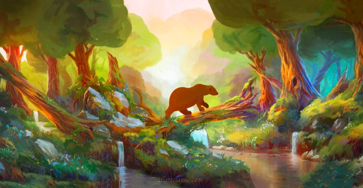 1267x657 Cartoon Fantasy Kids Art Painting Bear In Nature With Forest Trees - Cartoon Painting